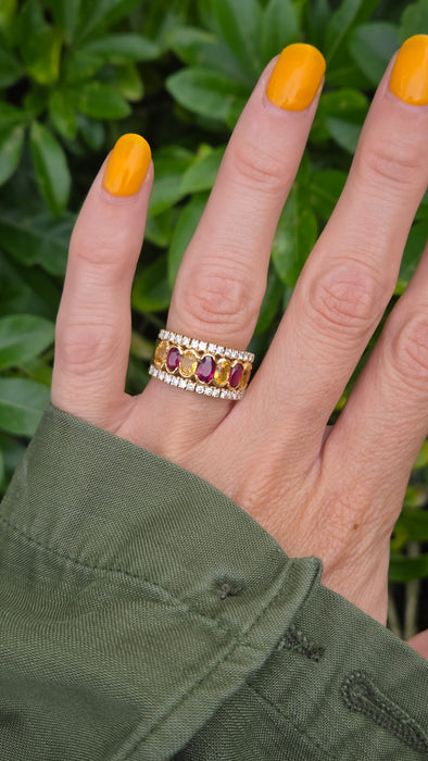 Vintage: 18ct Yellow Gold Ruby, Sapphire & Diamond Half Hoop Dress Ring — 0.60ct