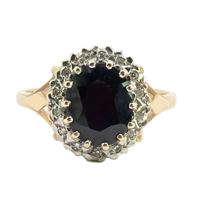 Vintage: 9ct Yellow Gold Sapphire & Diamond Oval Cluster Ring — From 1987