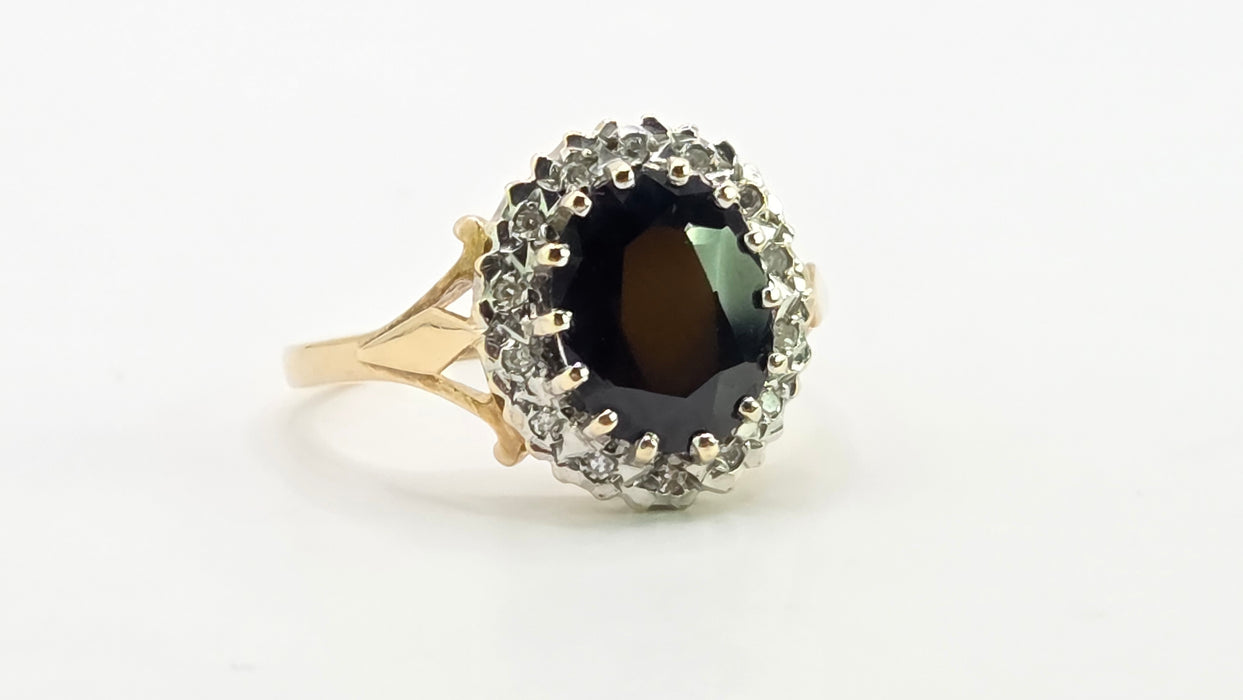Vintage: 9ct Yellow Gold Sapphire & Diamond Oval Cluster Ring — From 1987