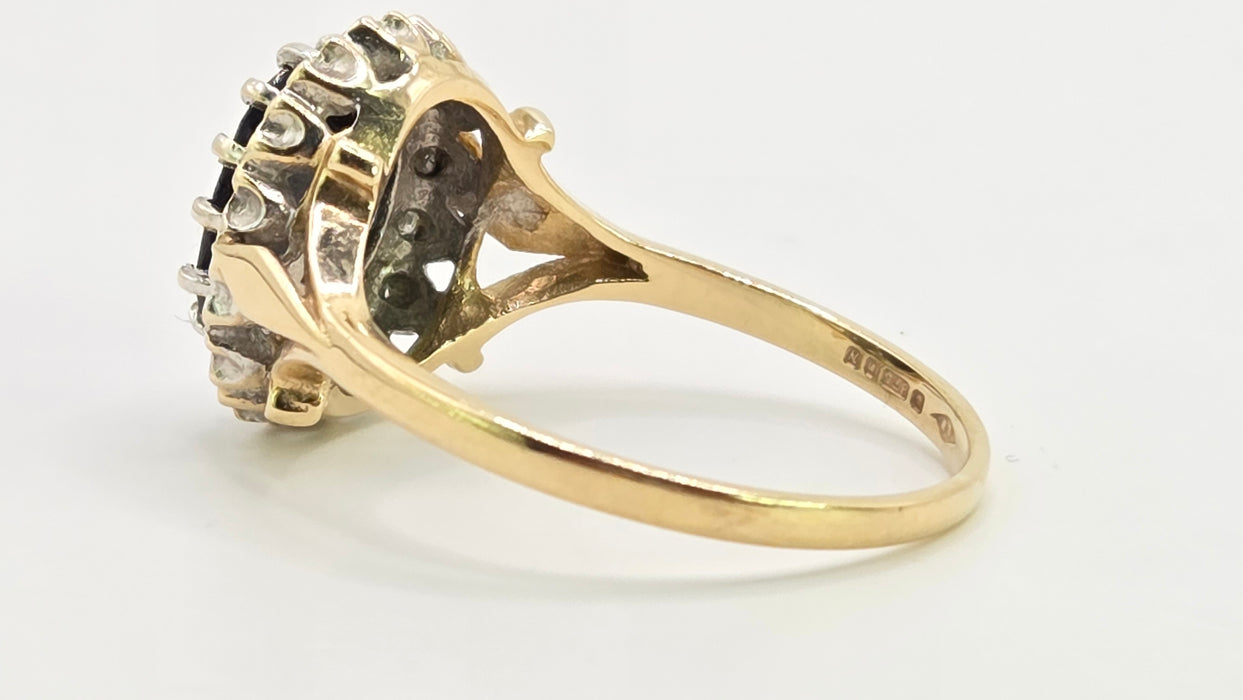 Vintage: 9ct Yellow Gold Sapphire & Diamond Oval Cluster Ring — From 1987