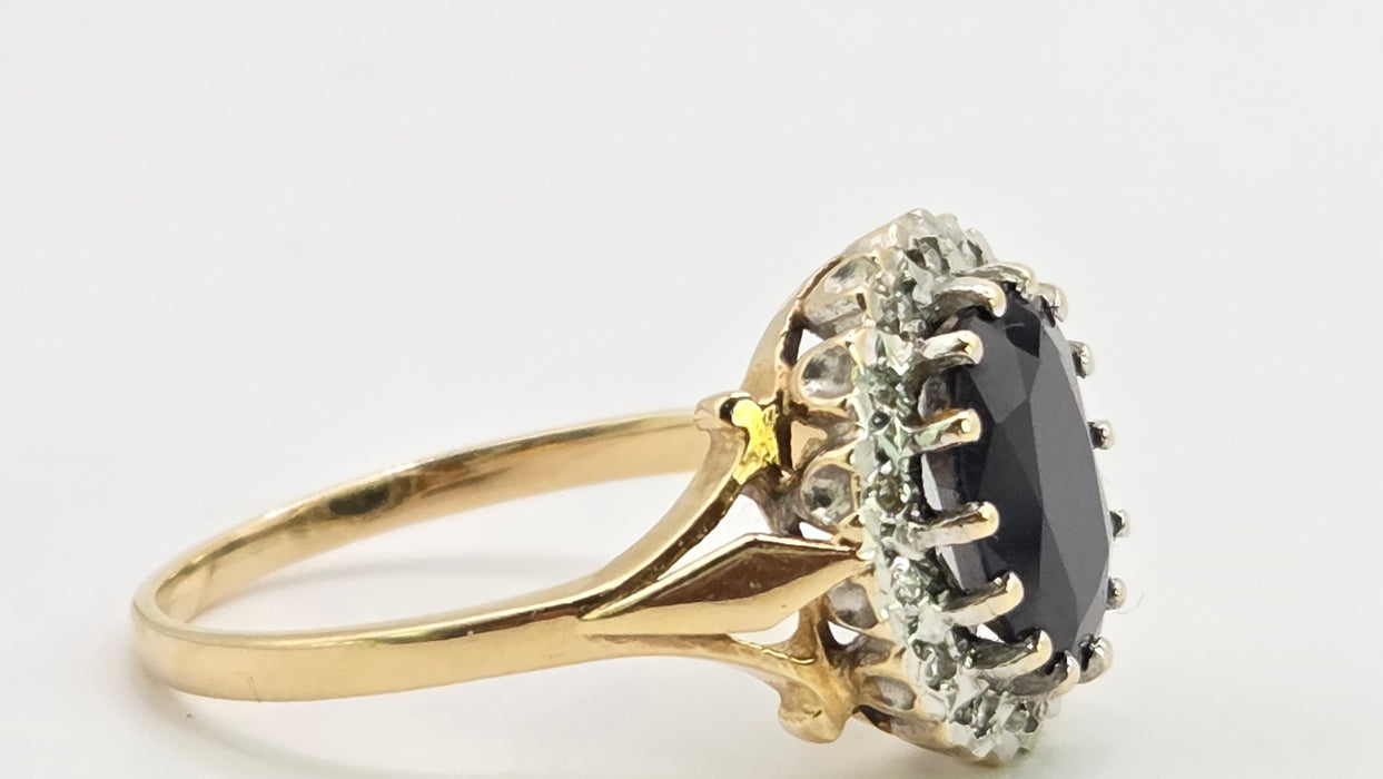 Vintage: 9ct Yellow Gold Sapphire & Diamond Oval Cluster Ring — From 1987