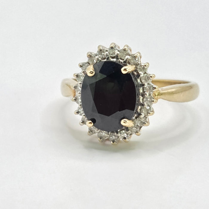 Vintage: 9ct Yellow Gold Sapphire & Diamond Oval Cluster Ring — 0.25ct — From 1997