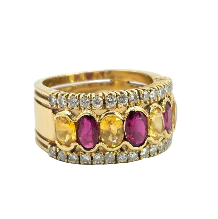 Vintage: 18ct Yellow Gold Ruby, Sapphire & Diamond Half Hoop Dress Ring — 0.60ct