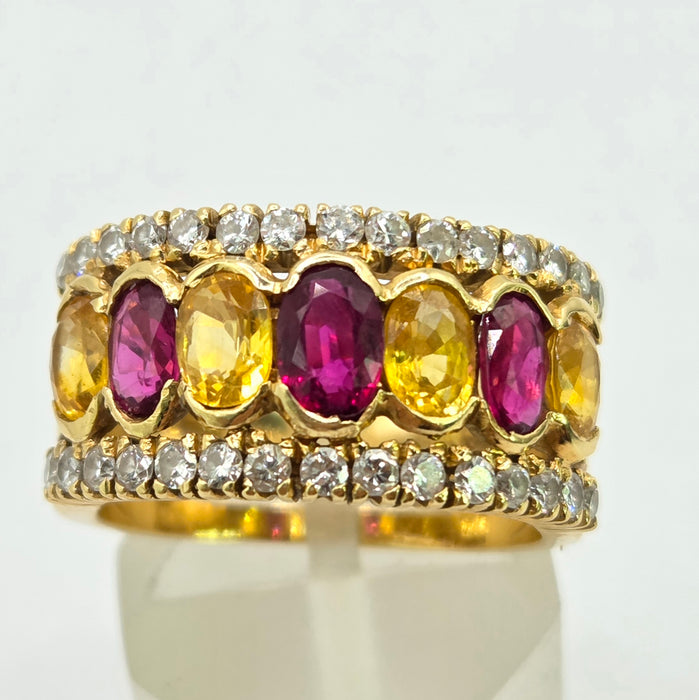 Vintage: 18ct Yellow Gold Ruby, Sapphire & Diamond Half Hoop Dress Ring — 0.60ct