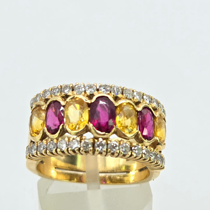 Vintage: 18ct Yellow Gold Ruby, Sapphire & Diamond Half Hoop Dress Ring — 0.60ct