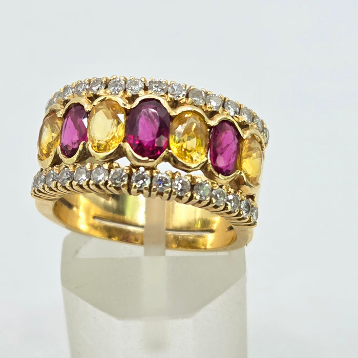 Vintage: 18ct Yellow Gold Ruby, Sapphire & Diamond Half Hoop Dress Ring — 0.60ct