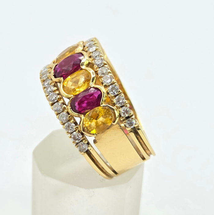 Vintage: 18ct Yellow Gold Ruby, Sapphire & Diamond Half Hoop Dress Ring — 0.60ct