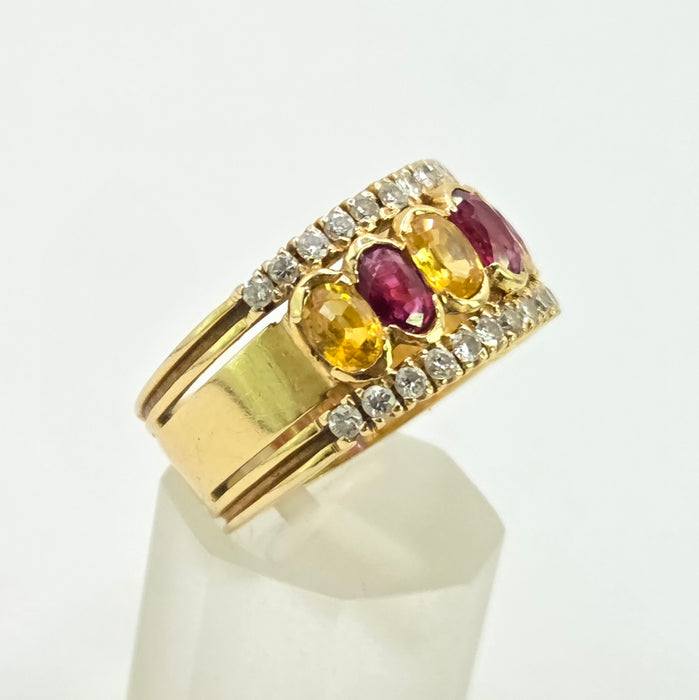 Vintage: 18ct Yellow Gold Ruby, Sapphire & Diamond Half Hoop Dress Ring — 0.60ct