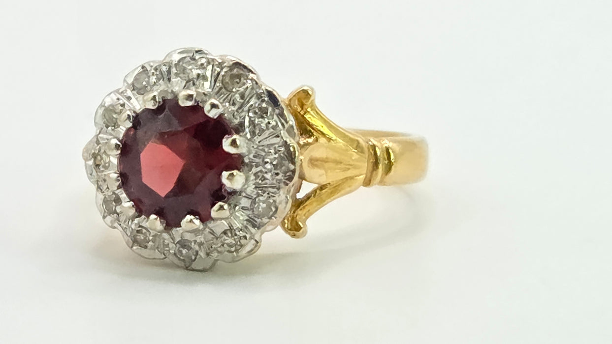 Vintage: 18ct Yellow Gold Garnet & Diamond Round Cluster Dress Ring — From 1977