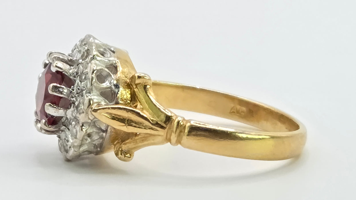 Vintage: 18ct Yellow Gold Garnet & Diamond Round Cluster Dress Ring — From 1977