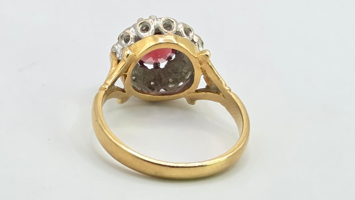 Vintage: 18ct Yellow Gold Garnet & Diamond Round Cluster Dress Ring — From 1977