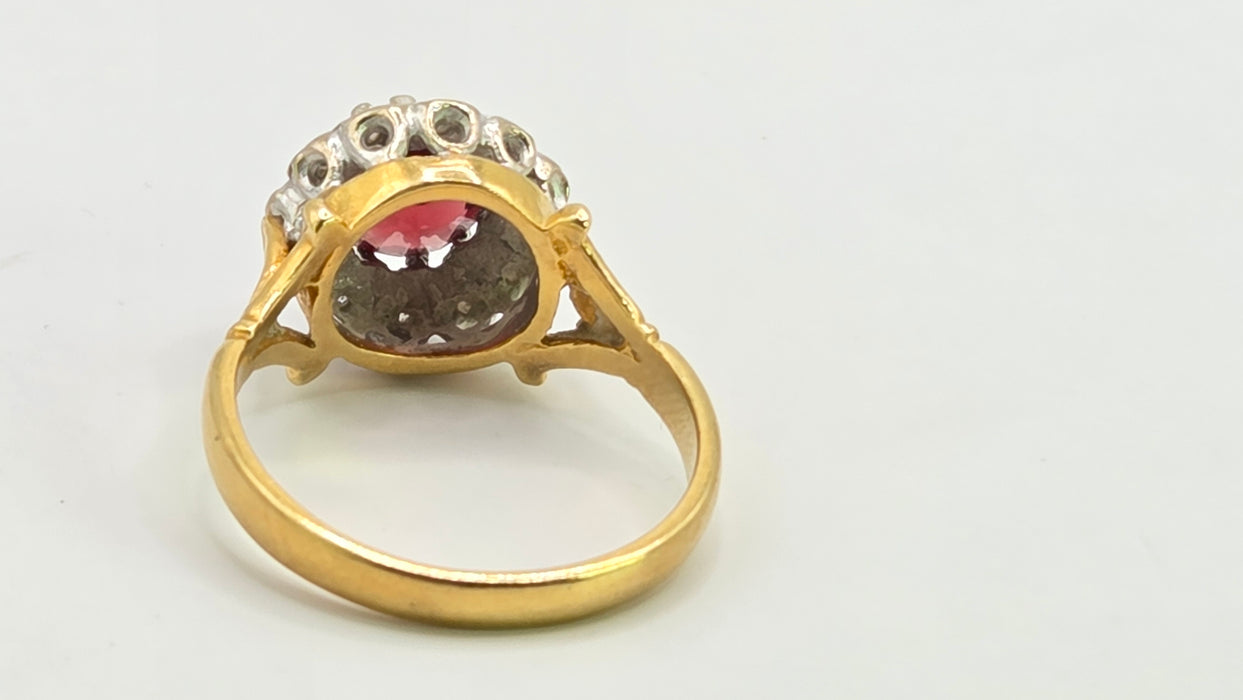 Vintage: 18ct Yellow Gold Garnet & Diamond Round Cluster Dress Ring — From 1977