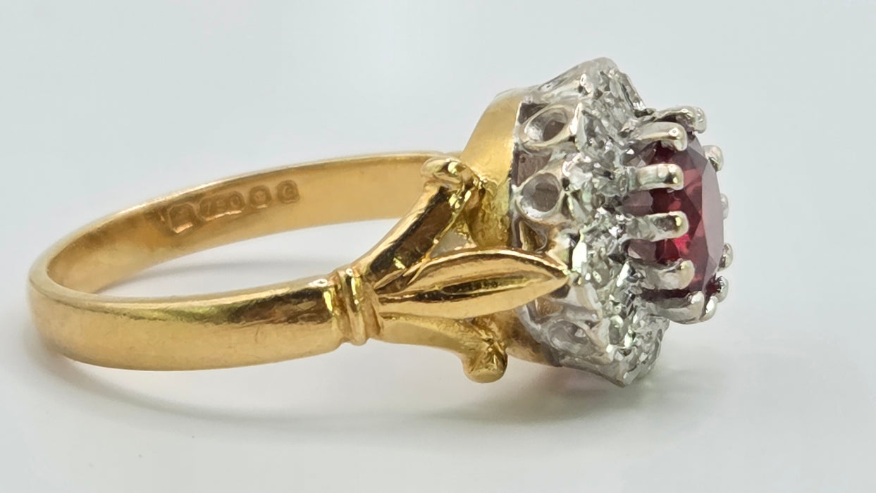 Vintage: 18ct Yellow Gold Garnet & Diamond Round Cluster Dress Ring — From 1977