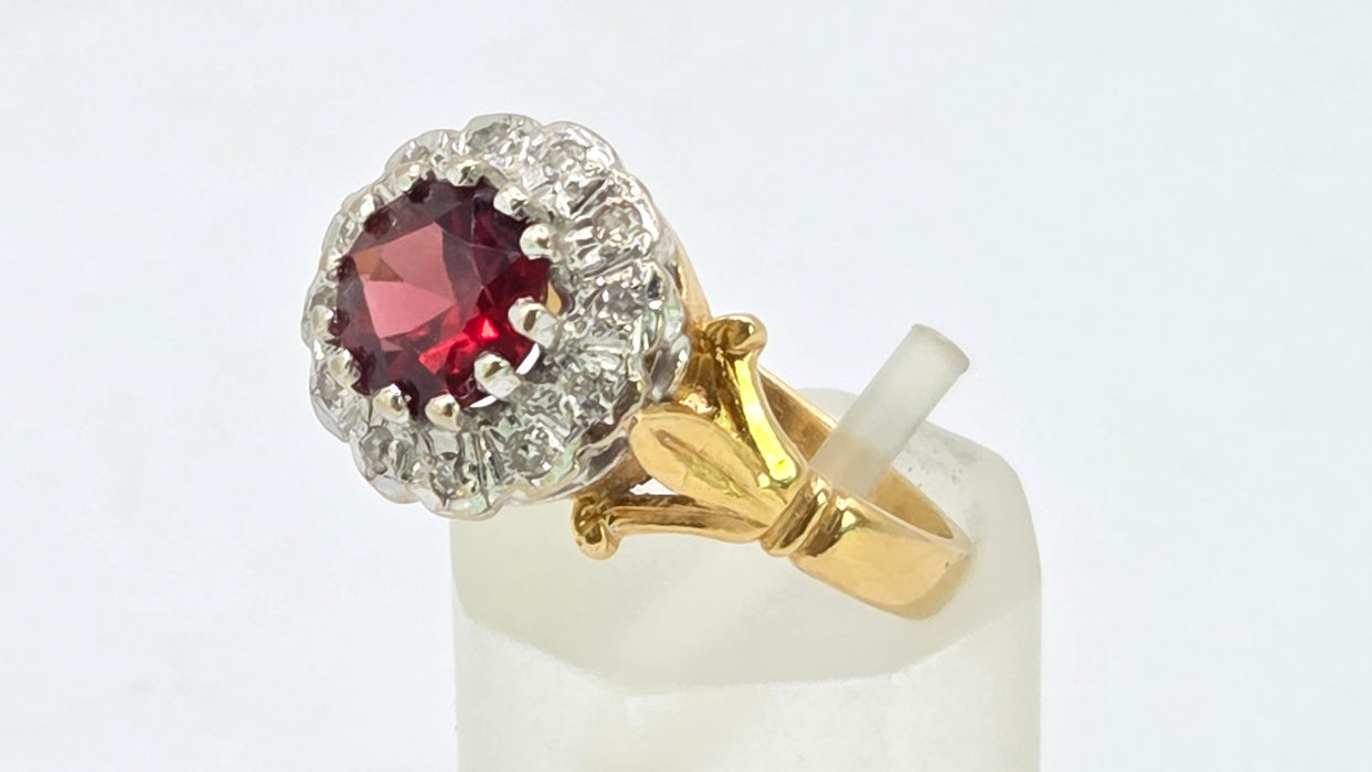 Vintage: 18ct Yellow Gold Garnet & Diamond Round Cluster Dress Ring — From 1977