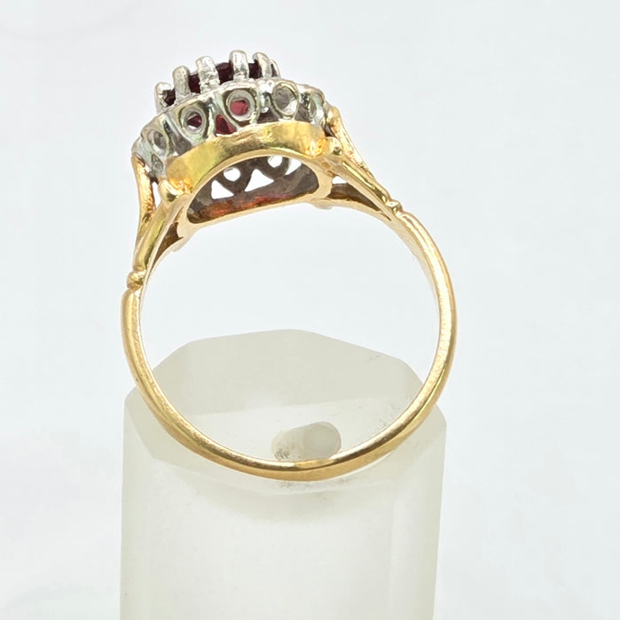 Vintage: 18ct Yellow Gold Garnet & Diamond Round Cluster Dress Ring — From 1977
