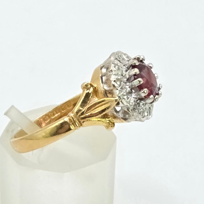 Vintage: 18ct Yellow Gold Garnet & Diamond Round Cluster Dress Ring — From 1977