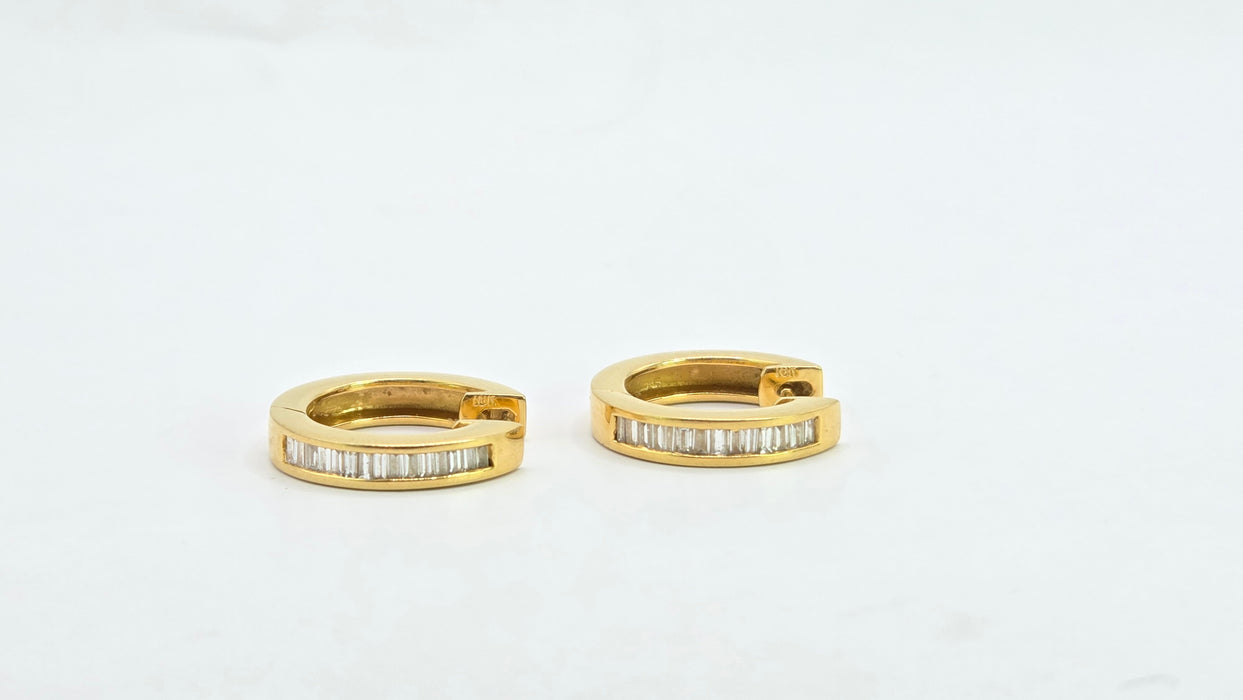 Vintage: 18ct Yellow Gold Channel Set Baguette Diamond Articulated Hoop Earrings — 0.87ct