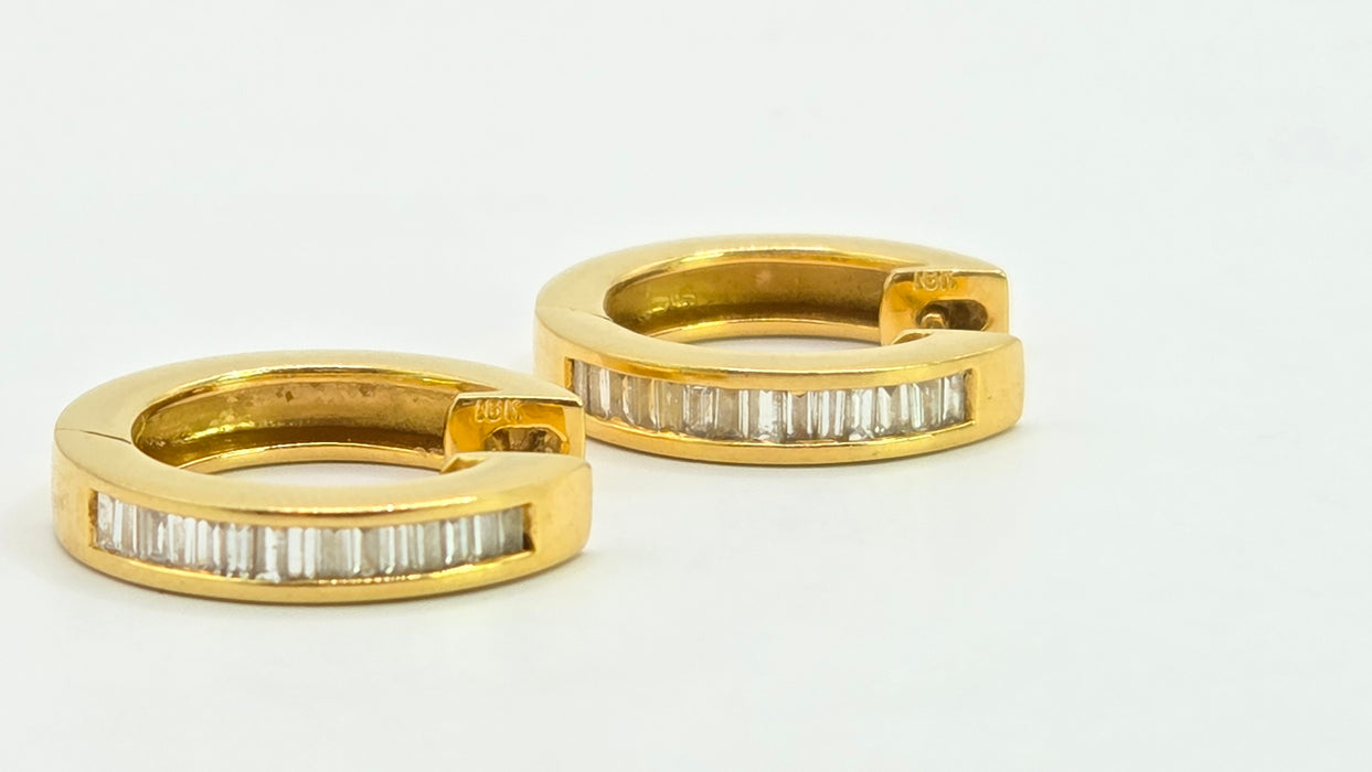 Vintage: 18ct Yellow Gold Channel Set Baguette Diamond Articulated Hoop Earrings — 0.87ct