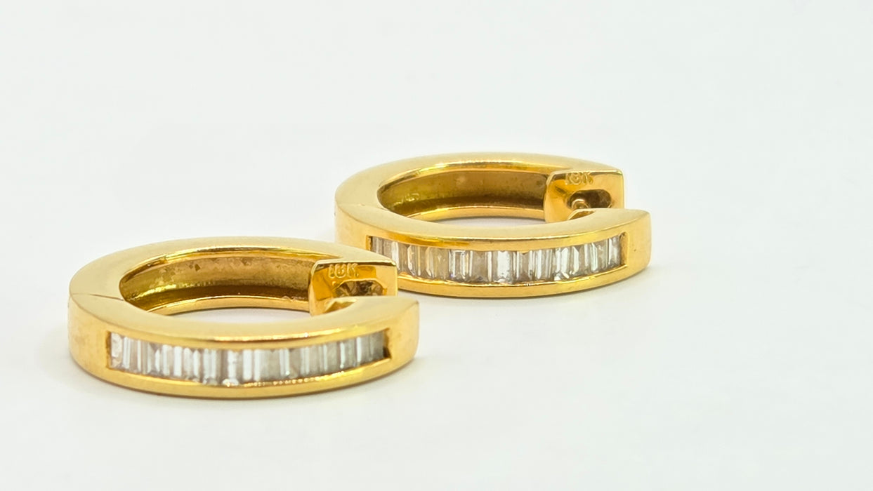 Vintage: 18ct Yellow Gold Channel Set Baguette Diamond Articulated Hoop Earrings — 0.87ct