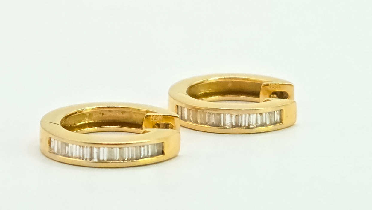Vintage: 18ct Yellow Gold Channel Set Baguette Diamond Articulated Hoop Earrings — 0.87ct