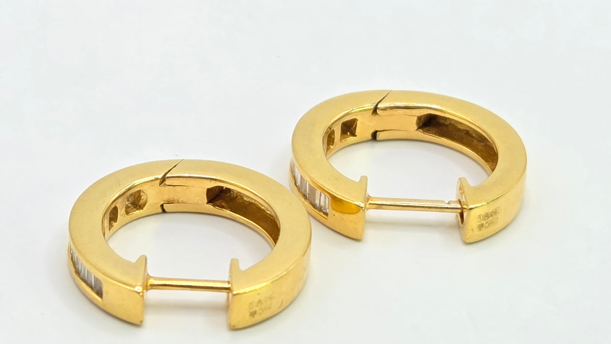 Vintage: 18ct Yellow Gold Channel Set Baguette Diamond Articulated Hoop Earrings — 0.87ct