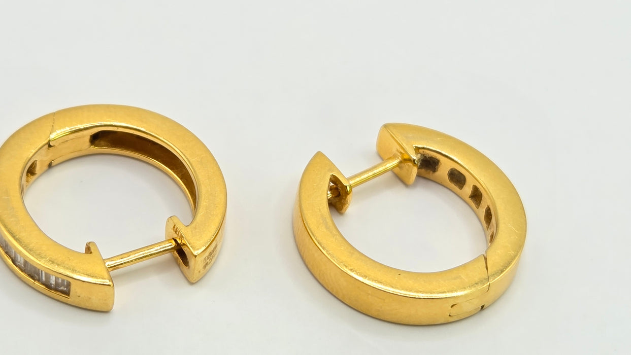 Vintage: 18ct Yellow Gold Channel Set Baguette Diamond Articulated Hoop Earrings — 0.87ct