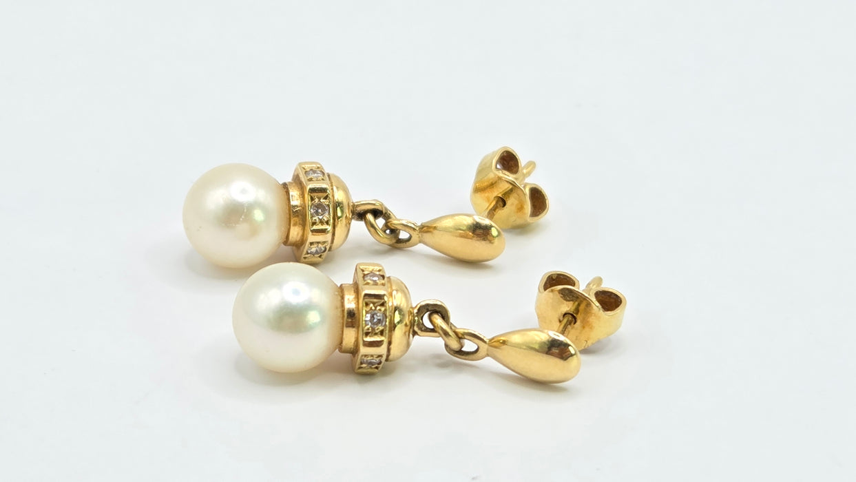 Vintage: 18ct Yellow Gold Akoya Pearl & Diamond Drop Stud Earrings — From 1997