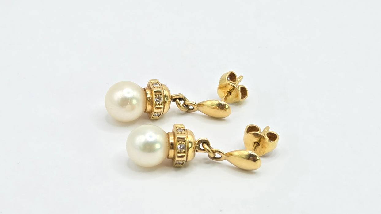 Vintage: 18ct Yellow Gold Akoya Pearl & Diamond Drop Stud Earrings — From 1997