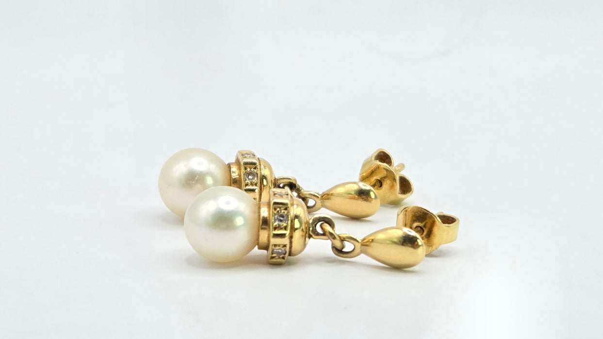 Vintage: 18ct Yellow Gold Akoya Pearl & Diamond Drop Stud Earrings — From 1997