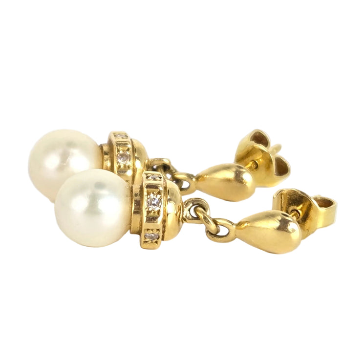 Vintage: 18ct Yellow Gold Akoya Pearl & Diamond Drop Stud Earrings — From 1997