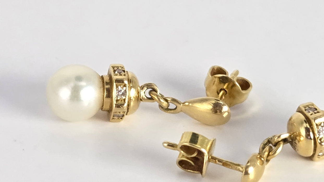 Vintage: 18ct Yellow Gold Akoya Pearl & Diamond Drop Stud Earrings — From 1997