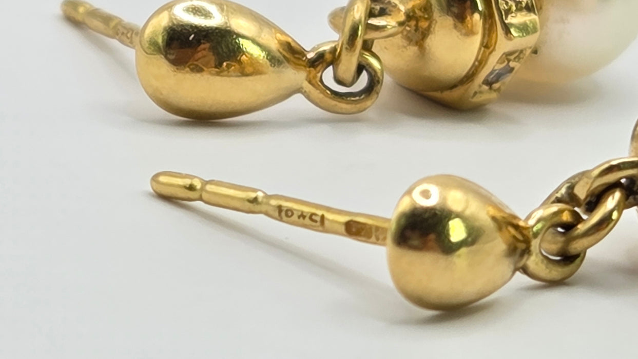Vintage: 18ct Yellow Gold Akoya Pearl & Diamond Drop Stud Earrings — From 1997