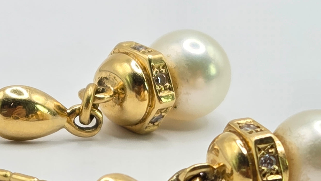 Vintage: 18ct Yellow Gold Akoya Pearl & Diamond Drop Stud Earrings — From 1997