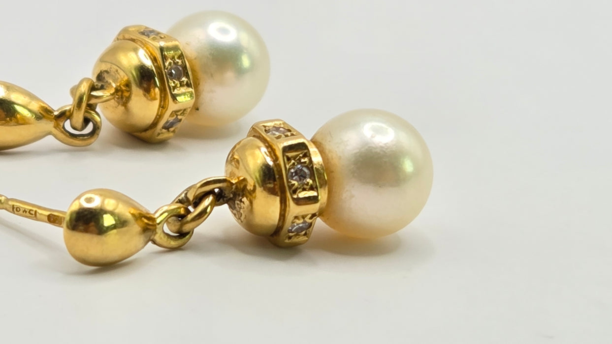 Vintage: 18ct Yellow Gold Akoya Pearl & Diamond Drop Stud Earrings — From 1997