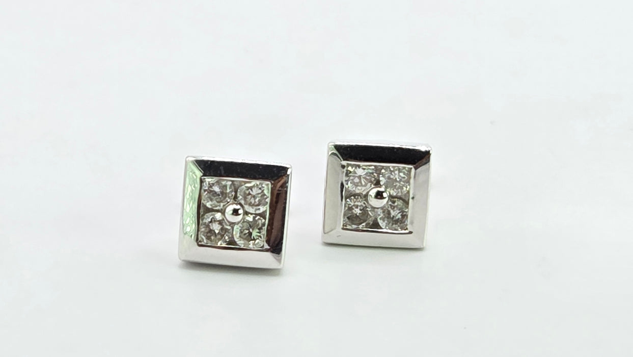 Vintage: 18ct White Gold Diamond Square Cluster Stud Earrings — 0.32ct