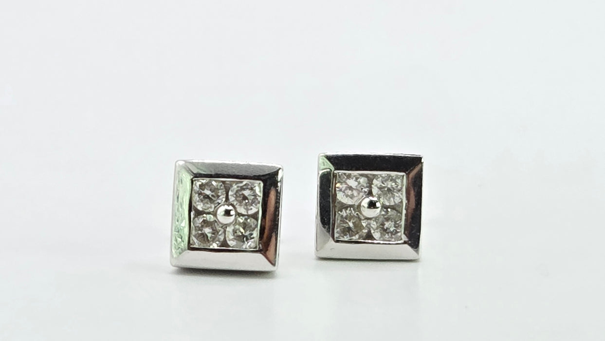 Vintage: 18ct White Gold Diamond Square Cluster Stud Earrings — 0.32ct