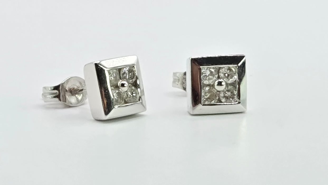 Vintage: 18ct White Gold Diamond Square Cluster Stud Earrings — 0.32ct