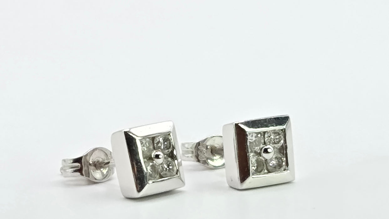 Vintage: 18ct White Gold Diamond Square Cluster Stud Earrings — 0.32ct