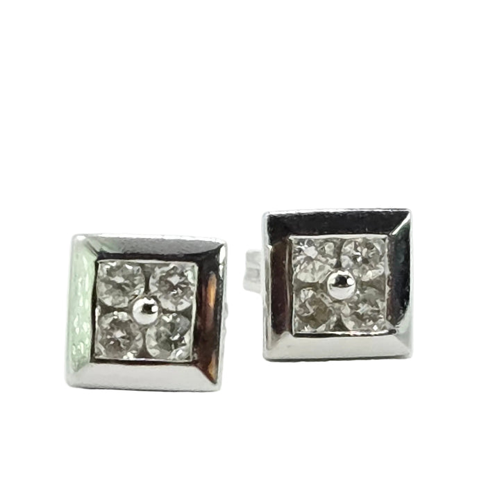 Vintage: 18ct White Gold Diamond Square Cluster Stud Earrings — 0.32ct