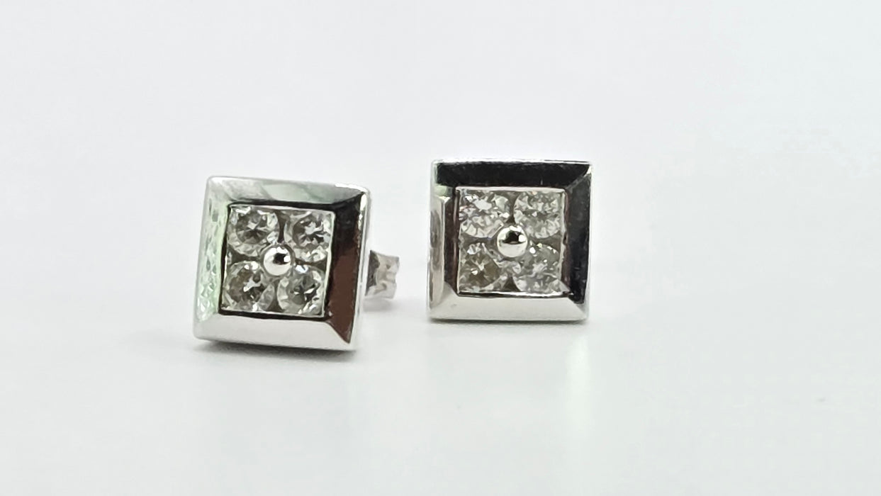 Vintage: 18ct White Gold Diamond Square Cluster Stud Earrings — 0.32ct