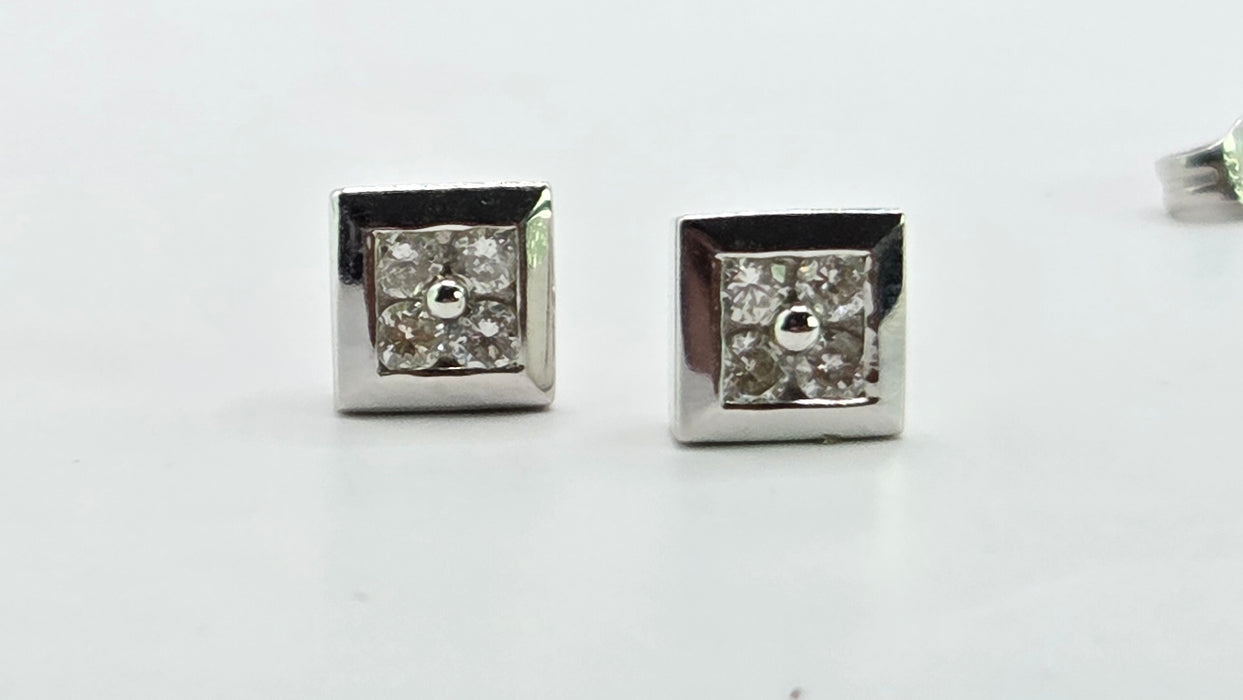 Vintage: 18ct White Gold Diamond Square Cluster Stud Earrings — 0.32ct