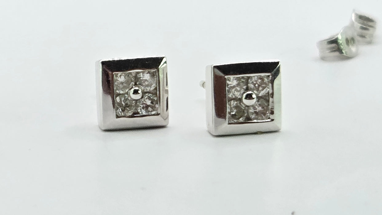 Vintage: 18ct White Gold Diamond Square Cluster Stud Earrings — 0.32ct