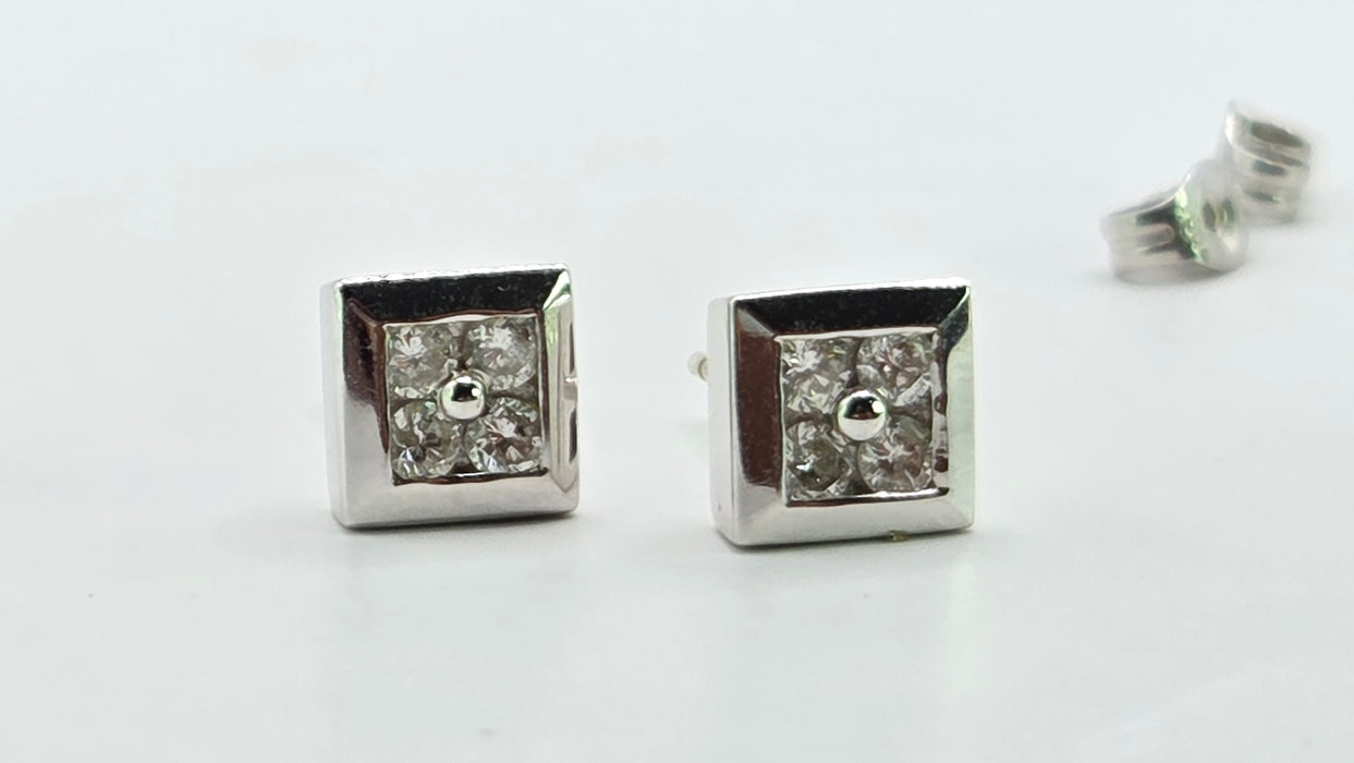 Vintage: 18ct White Gold Diamond Square Cluster Stud Earrings — 0.32ct