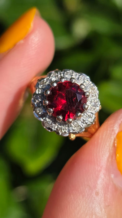 Vintage: 18ct Yellow Gold Garnet & Diamond Round Cluster Dress Ring — From 1977