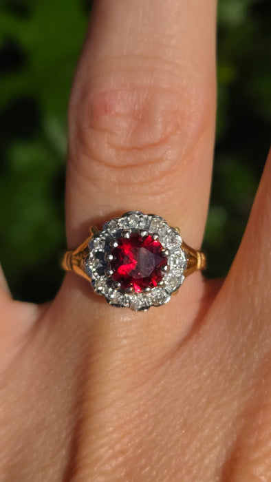 Vintage: 18ct Yellow Gold Garnet & Diamond Round Cluster Dress Ring — From 1977
