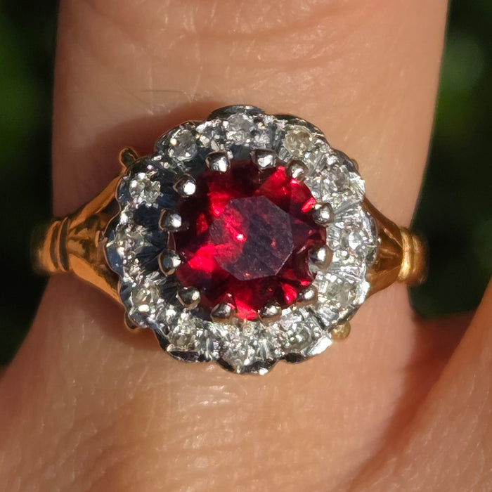 Vintage: 18ct Yellow Gold Garnet & Diamond Round Cluster Dress Ring — From 1977