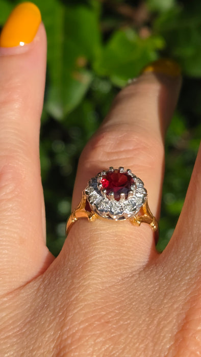 Vintage: 18ct Yellow Gold Garnet & Diamond Round Cluster Dress Ring — From 1977