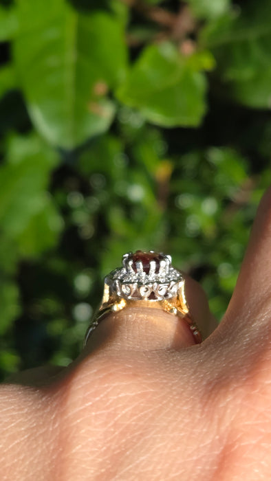 Vintage: 18ct Yellow Gold Garnet & Diamond Round Cluster Dress Ring — From 1977