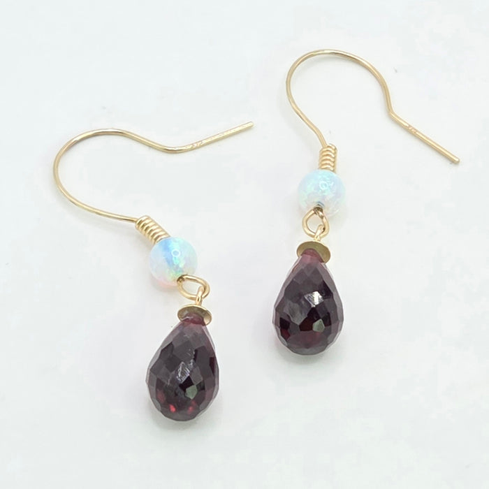 Vintage: 9ct Yellow Gold Opal & Garnet Briolette Drop Earrings
