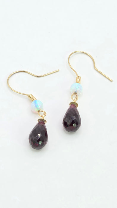 Vintage: 9ct Yellow Gold Opal & Garnet Briolette Drop Earrings